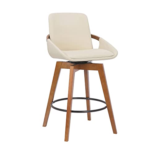 HomeRoots 26' Luxurious Cream and Walnut Faux Leather Swivel Bar Stool