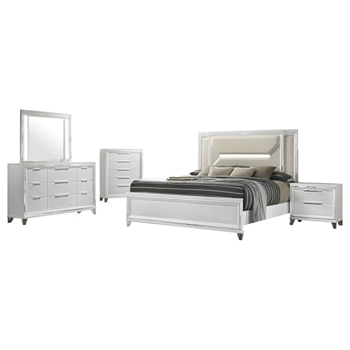 Coaster Home Furnishings Marmore Contemporary 5-Piece Bedroom Set Boucle Upholstered Queen Size LED Panel Bed Frame 64-inch Headboard White 224961Q-S5