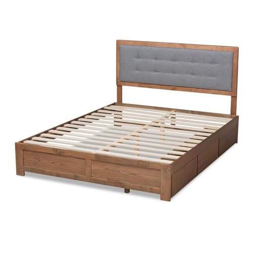 Baxton Studio Lene Modern and Contemporary Transitional Dark Grey Fabric Upholstered and Ash Walnut Brown Finished Wood Full Size 3-Drawer Platform Storage Bed