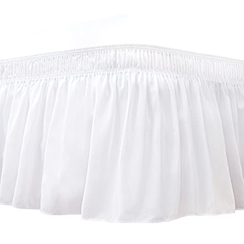 Biscaynebay Wrap Around Bed Skirts For Queen Size Beds With 18' Long Drop, White Adjustable Elastic Dust Ruffles Easy Fit Wrink