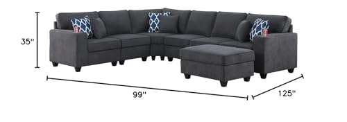 Lilola Home Cooper Stone Gray Woven Fabric 7Pc Reversible L-Shape Sectional Sofa with Ottoman and Cupholder