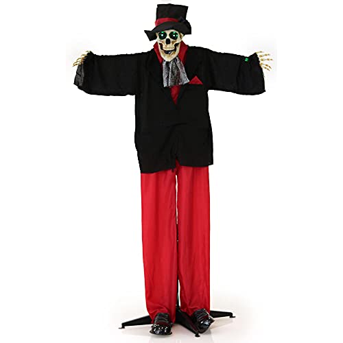 Haunted Hill Farm 5 Ft. Skeleton Groom Halloween Prop With Led Eyes, Black Suit, Red Pants & Black Hat, Touch Activated Standing Display