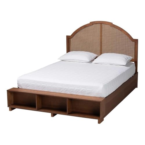 Baxton Studio Darcila Mid-Century Walnut Brown Wood And Rattan King Size Storage Bed