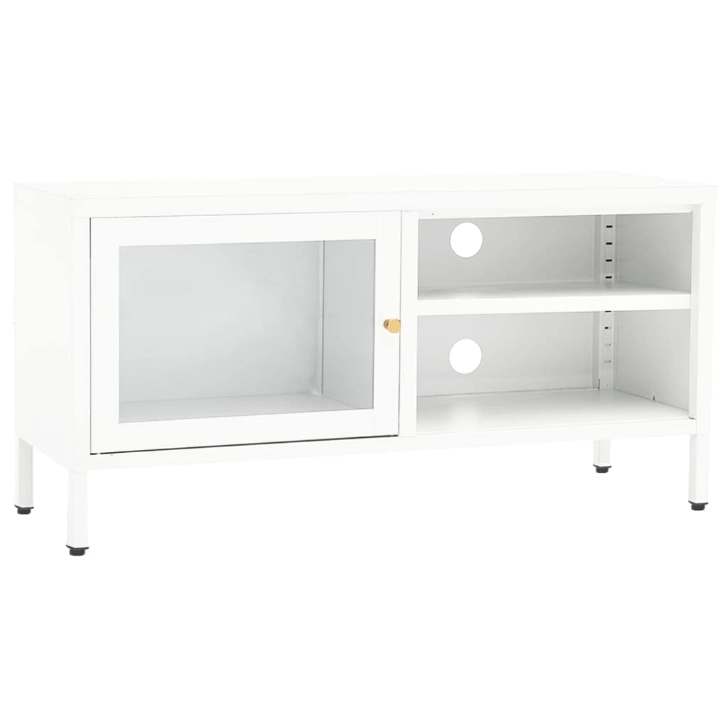 vidaXL Sleek Modern Steel and Glass TV Stand/Cabinet - White, with Adjustable Shelf and Feet, Compact Design, Ideal for Home & Office