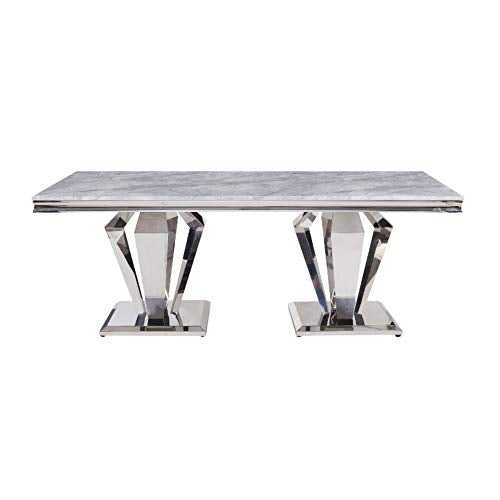 Acme Satinka Dining Table in Faux Marble and Mirrored Silver Finish