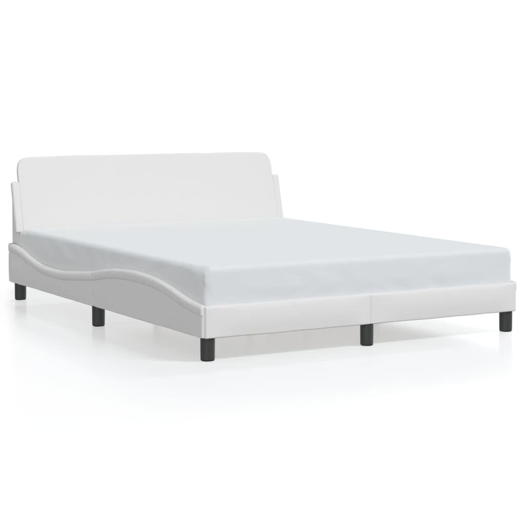 vidaXL White Faux Leather Double Bed Frame with Headboard - 59.8"x79.9" - Modern Waved Side Design, Sturdy Legs, Plywood Slats