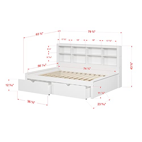 Donco Kids Equable Modern Full Bookcase Daybed In White Finish With White Dual Underbed Drawers