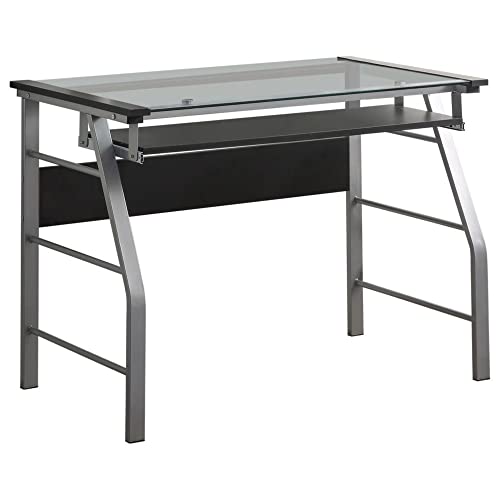 Pilaster Designs Kendra Metal & Tempered Glass Top with Pull-Out Keyboard Tray Desk Silver/Clear