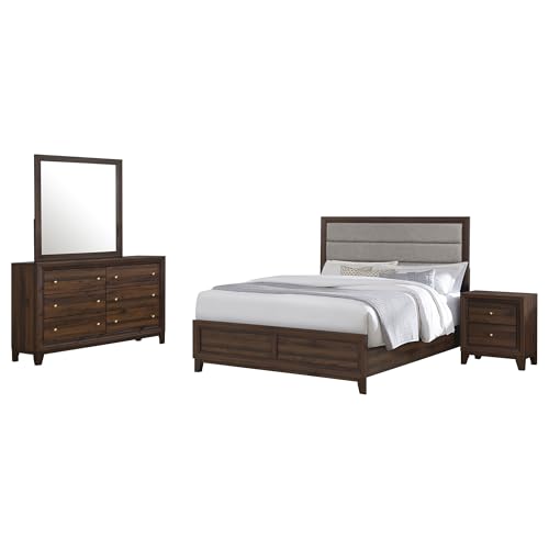 Coaster Home Furnishings Welsley Transitional 4-Piece Bedroom Set Fabric Upholstered Eastern King Size Panel Bed Frame 52-inch Headboard Walnut 223441KE-S4