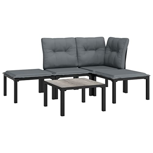 vidaXL Patio Lounge Set 5 Piece, Outdoor Patio Furniture with Coffee Table, Conversation Set with Footstool, Modern Style, Black and Gray Poly Rattan