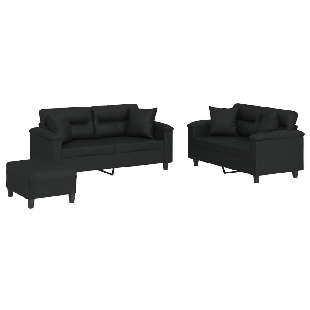 vidaXL 3 Piece Faux Leather Sofa Set with Pillows and Footstool - Black