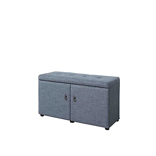 HomeRoots Wood, Polyurethane Foam: 97%, Polyester Fabric: 3% Blue Gray Linen Look Double Door Shoe Storage Bench