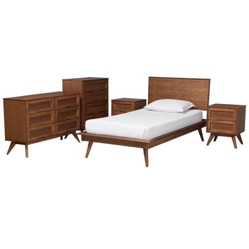 Baxton Studio Melora Mid-Century Modern Walnut Brown Finished Wood And Rattan Twin Size 5-Piece Bedroom Set