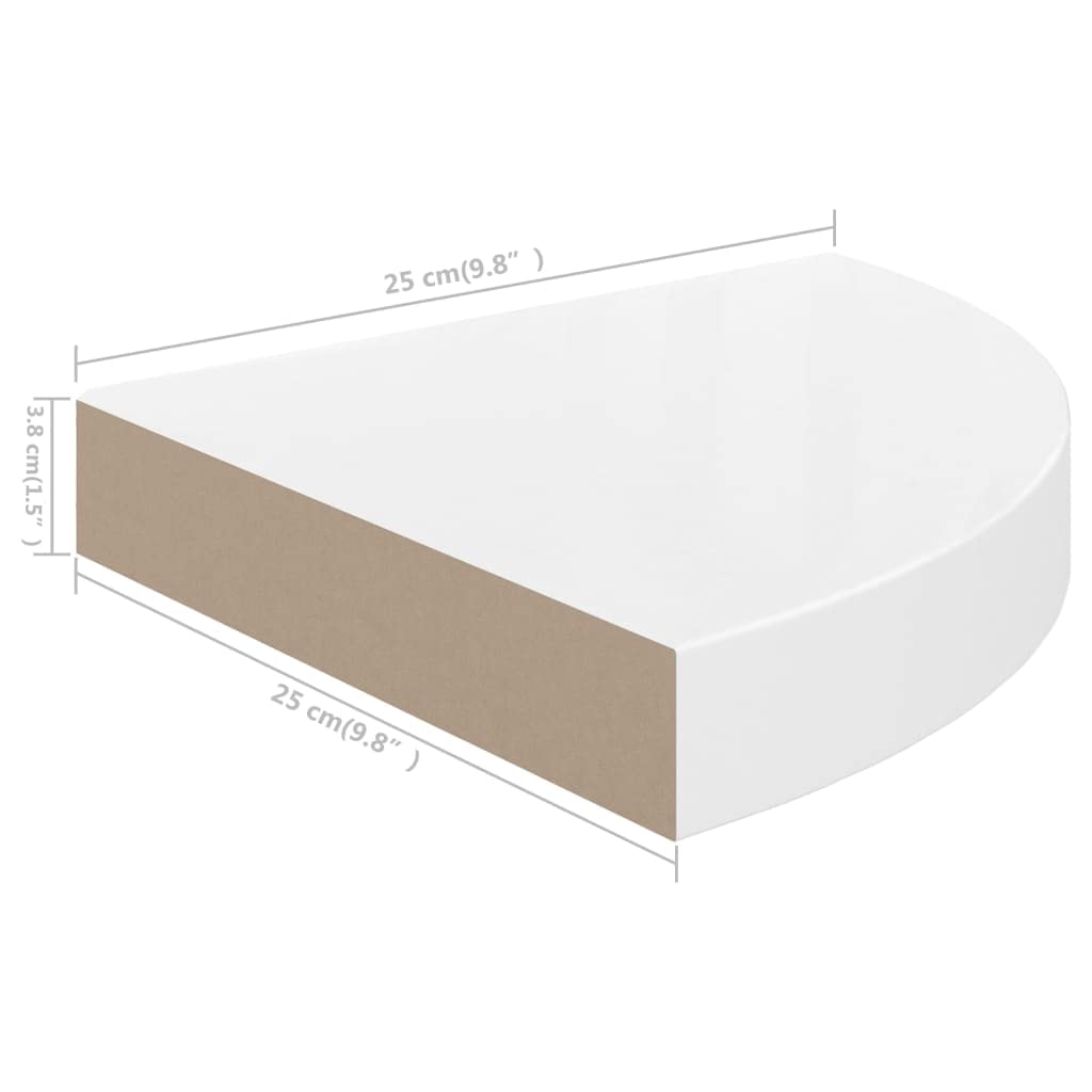 vidaXL High Gloss White Floating Corner Shelf 9.8&quot;x9.8&quot;x1.5&quot; - Durable Honeycomb MDF and Metal Construction, Easy Installation Corner Wall Shelf