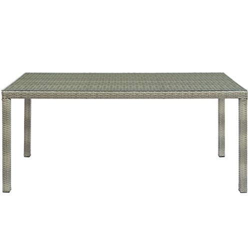 Modway Conduit Wicker Rattan Glass Outdoor Patio 70" Rectangular Dining Table in Light Gray