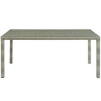 Modway Conduit Wicker Rattan Glass Outdoor Patio 70" Rectangular Dining Table in Light Gray