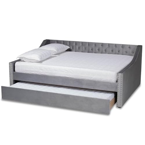 Baxton Studio Raphael Modern and Contemporary Grey Velvet Fabric Upholstered Queen Size Daybed with Trundle