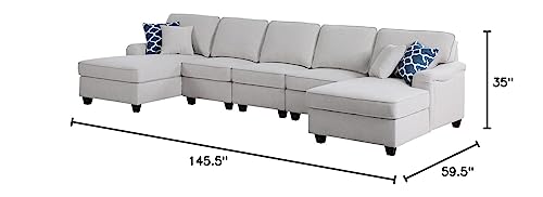 Lilola Home Leo Light Gray Linen Double Chaise 5Pc Modular Sectional Sofa