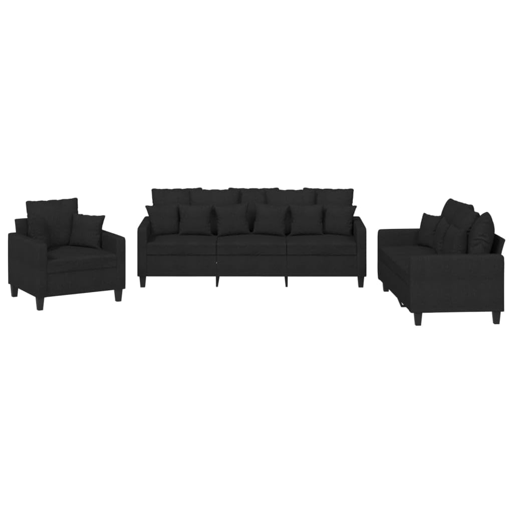 vidaXL 3-Piece Sofa Set with Comfortabale Pillows, Black Fabric with Durable Plywood and Metal Frame, Modern Styling for Living Room or Lounge Area