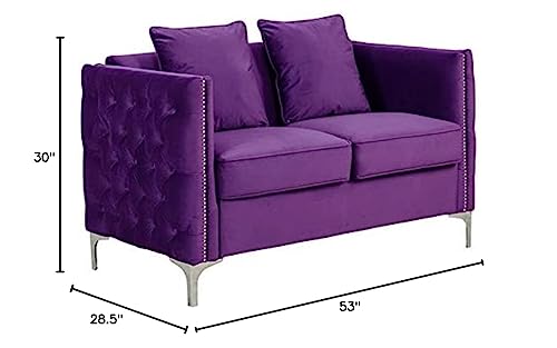 Lilola Home Bayberry Purple Velvet Loveseat with 2 Pillows