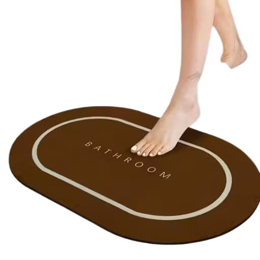 RETAIL SS Oval Bath Mat, Brown, Super Absorbent, NonSlip Bathroom Rug for Quick Drying