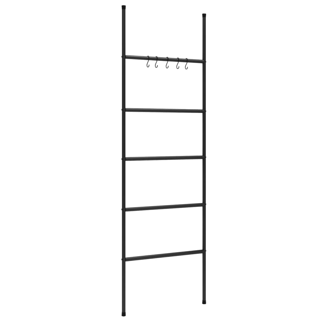 vidaXL Freestanding Towel Rack Ladder in Black, Iron Made, Organizing Master with 5 Tiers and Hooks, SpaceSaving Design for Bat