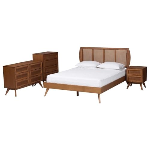 Baxton Studio Asami Mid-Century Modern Walnut Brown Finished Wood And Woven Rattan Queen Size 4-Piece Bedroom Set