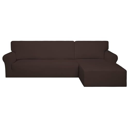 Purefit Super Stretch Sectional Couch Covers - 2 Pcs Spandex Non Slip Sofa Covers With Elastic Bottom For L Shape Sectional Sofa Couch, Great For Kids & Pets (3 Seat Sofa + 2 Seat Chaise, Chocolate)