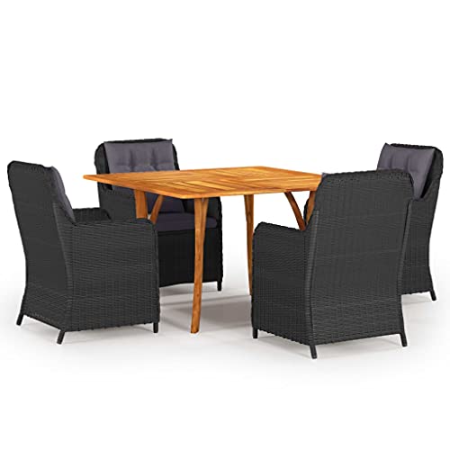 vidaXL 5-Piece Patio Dining Set in Black - Solid Acacia Wood Table, Steel & PE Rattan Chairs with Thick Cushions - Modern Outdoor Furniture for Garden, Balcony, or Patio, 3071965
