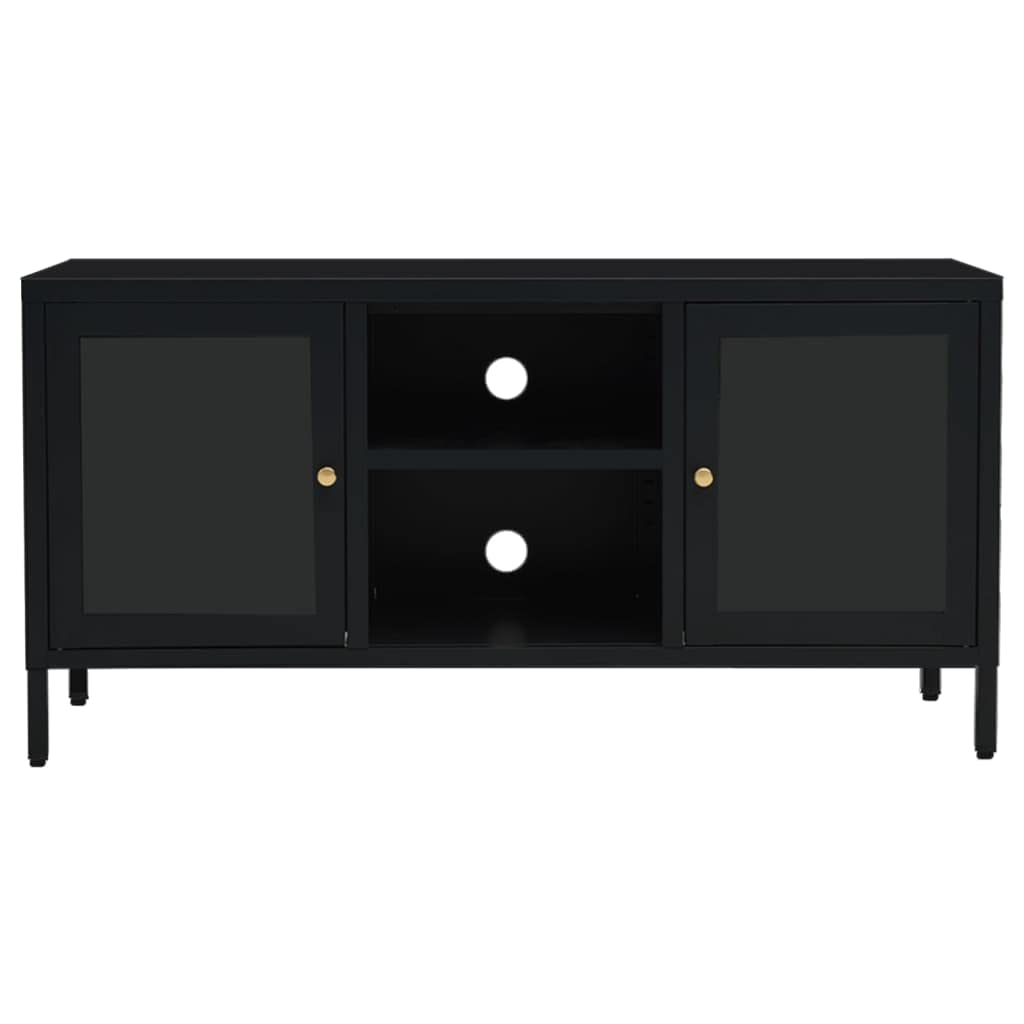 vidaXL Modern TV Stand Cabinet in Black - Sturdy Steel and Glass Construction - Ample Storage with Adjustable Shelf - Easy Assembly and Cleaning