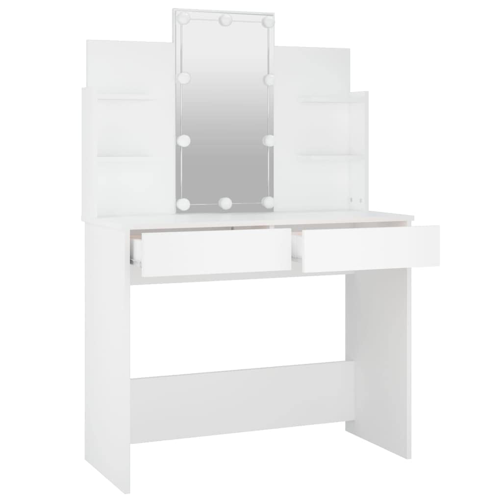 vidaXL LED Lit Modern Dressing Table with Asymmetrical Design, Engineered Wood Material, White, Stylish Bedroom Furniture with LED Lighting