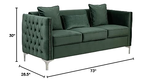 Lilola Home Bayberry Green Velvet Sofa with 3 Pillows