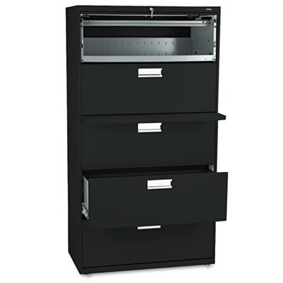 Hon 600 Series 5-Drawer Lateral Files W/ Locks-5 Drawer Lateral File W/Lock, 36"X19-1/4"X67", Black