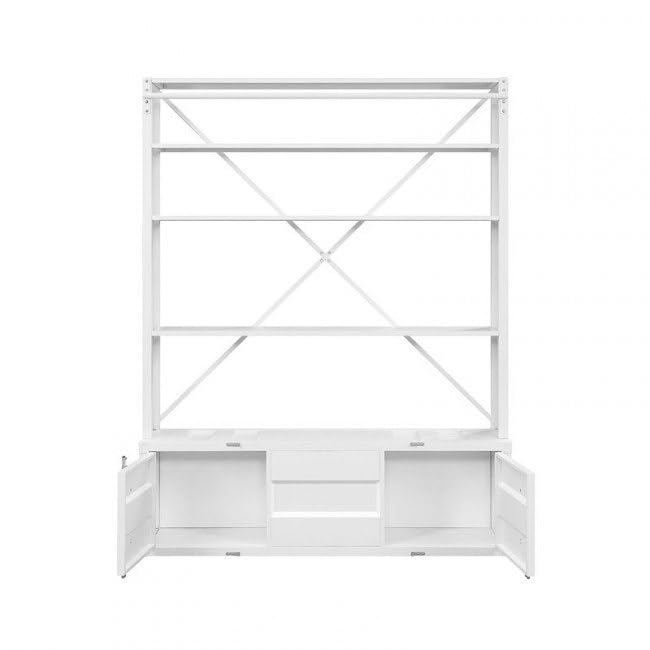 HomeRoots 486286 83 in. Four Tier Cargo Style Bookcase with Cabinets & Ladder White