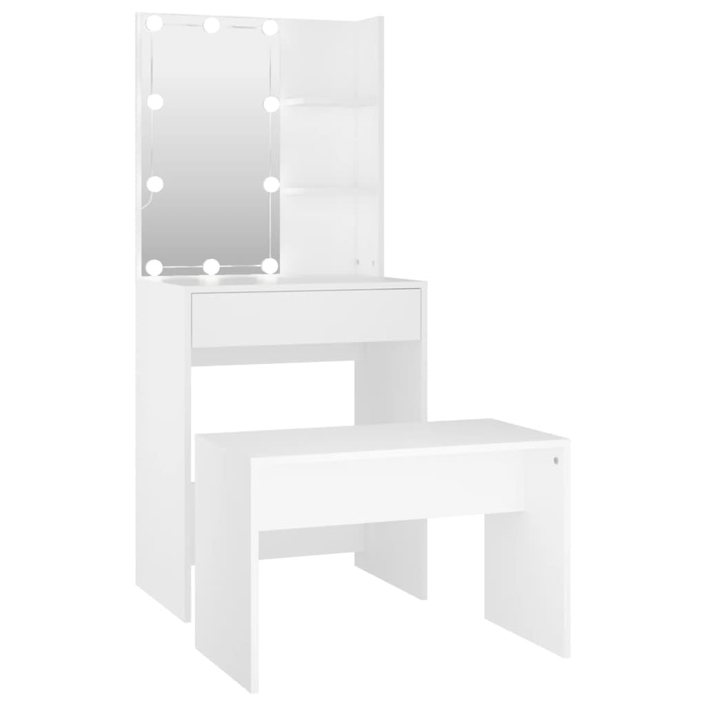 vidaXL Dressing Table Set with LED Makeup Vanity Desk Jewellery Cosmetic Mirrored Dressing Table Set with Stool White Engineered Wood