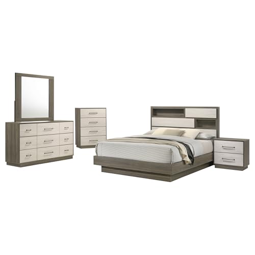 Coaster Home Furnishings Fenwick Contemporary 5-Piece Bedroom Set Eastern King Size Bookcase Bed Frame 48-inch Headboard Grey Oak/Almond 224981KE-S5