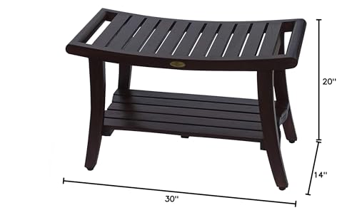 HomeRoots Dark Brown Compact Curvilinear Teak Shower/Outdoor Bench with Shelf and Liftaide Arms in Brown Finish
