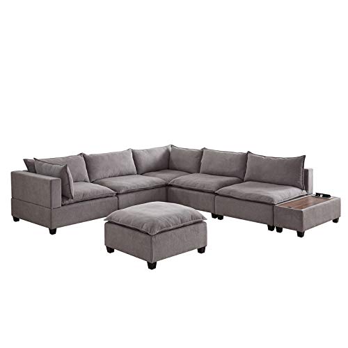 Lilola Home Madison Dark Gray Fabric 7Pc Modular Sectional Sofa with Ottoman and USB Storage Console Table