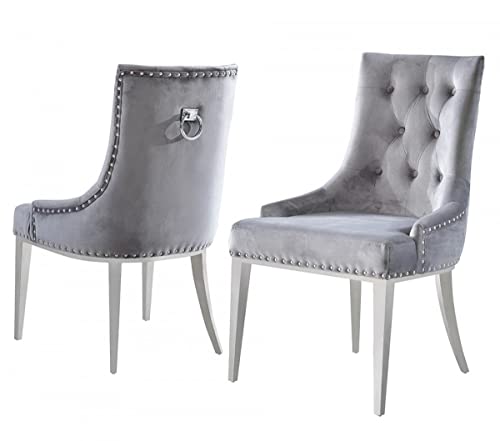 HomeRoots Velvet, Stainless Steel Set of Two Grey Velvet Tufted Dining Chairs