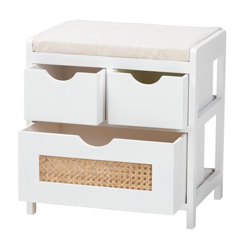 Baxton Studio Bastian Modern and Contemporary Light Beige Fabric and White Finished Wood 3-Drawer Storage Bench with Natural Rattan