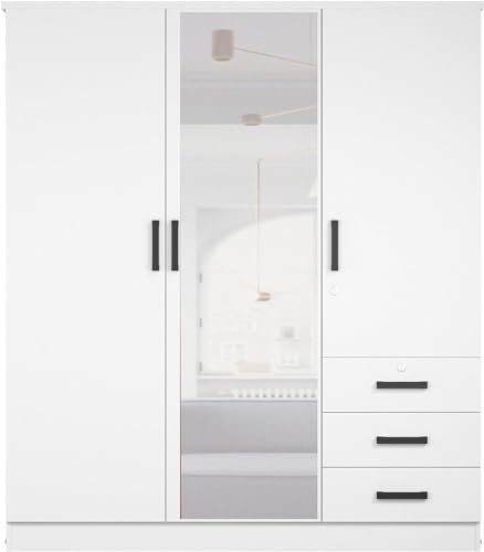 Violet Wardrobe Mirrored Door Closet 3 Doors and 3 Drawers (White)