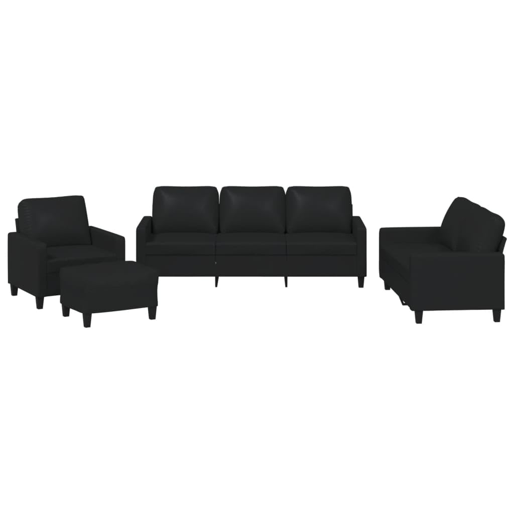 vidaXL Black Faux Leather Sofa Set with Cushions - 4 Piece Modern Living Room Furniture with Comfortable Padded Seat, Armrests, and Footstool