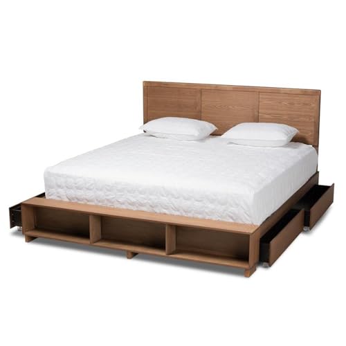 Baxton Studio Tamsin Modern Transitional Ash Walnut Brown Finished Wood King Size 4-Drawer Platform Storage Bed With Built-In Shelves