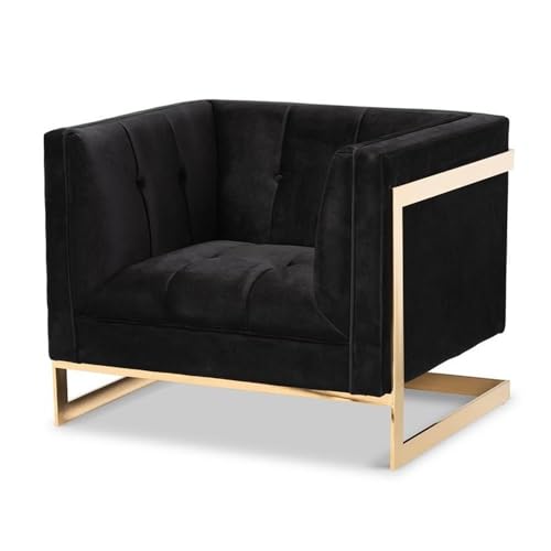 Baxton Studio Ambra Black Velvet and Button Tufted Armchair with Gold-Tone Frame
