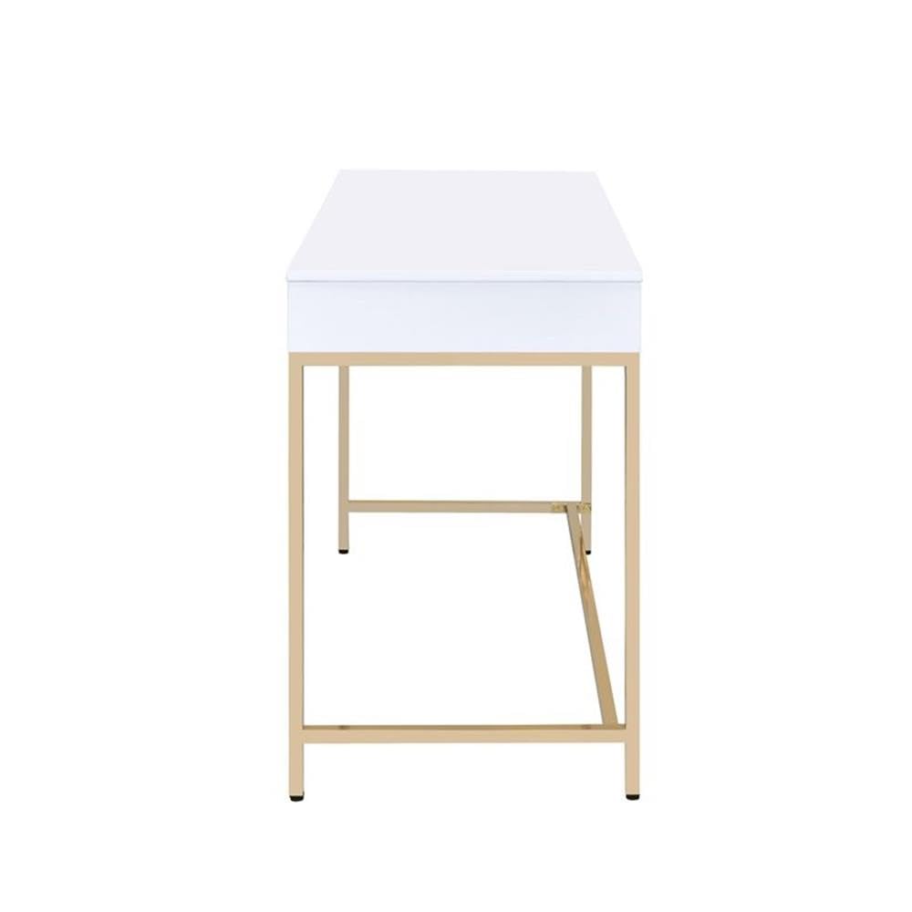 Acme Ottey 2-Drawer Vanity Desk with Metal Legs in White High Gloss and Gold