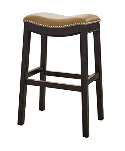 HomeRoots Vinyl, Wood, Steel 30&quot; Espresso and Carmel Saddle Style Counter Height Bar Stool