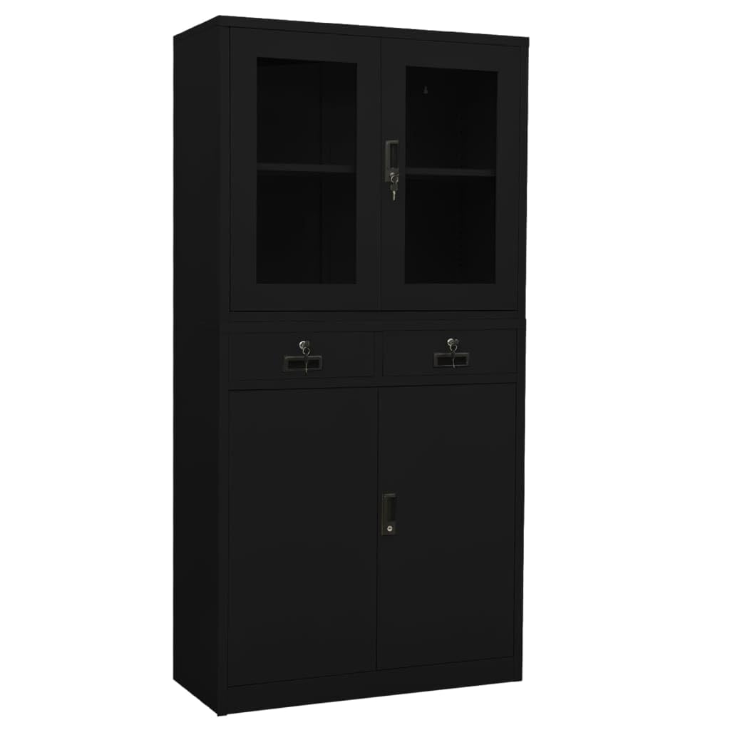 vidaXL Office Cabinet Black 35.4&quot;x15.7&quot;x70.9&quot; Steel and Tempered Glass