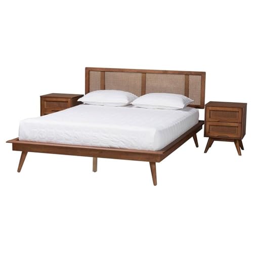 Baxton Studio Nura Mid-Century Modern Walnut Brown Finished Wood And Rattan Full Size 3-Piece Bedroom Set