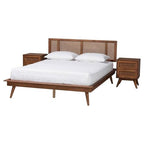 Baxton Studio Nura Mid-Century Modern Walnut Brown Finished Wood And Rattan Full Size 3-Piece Bedroom Set