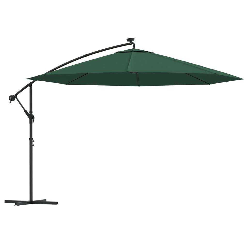 vidaXL LED Cantilever Parasol with Metal Pole, Green - 137.8 inch Diameter - UV Protective and Anti-Fade Polyester Fabric, Includes Solar Panel, Air Vent & Crank Mechanism.